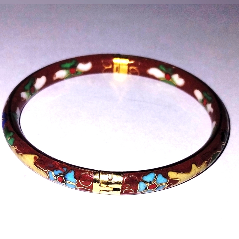 Vintage Old Chinese Cloisonné Enamel Floral Bangle Bracelet Burgundy